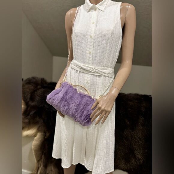 Lilac Handmade Real Rex Rabbit Fur Double Kisslock & Top Handle Purse/Crossbody - Picture 11 of 16